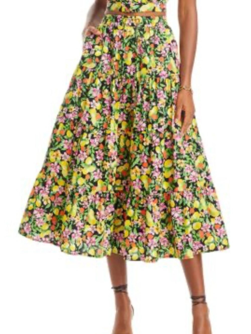Aqua Fruit & Floral Tiered Midi Skirt - S